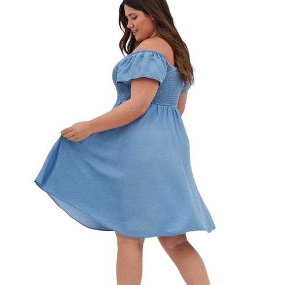 Torrid Blue Chambray Off-Shoulder Smocked Skater Dress - Picture 3 of 12